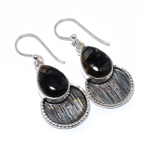 Picasso Jasper 925 Sterling Silver Israeli Jewelry Earring, Gift for her, Silver Jewelry Earring, Elegant Earring, Black Gemstone Earring, Drop/Dangle Earring