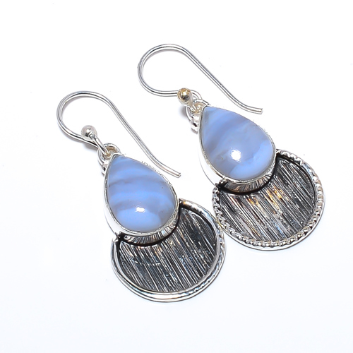Namibian Blue Lace Agate 925 Sterling Silver Israeli Earring, Gift for her, Silver Jewelry Earring, Elegant Earring, Blue Gemstone Earring, Drop/Dangle Earring