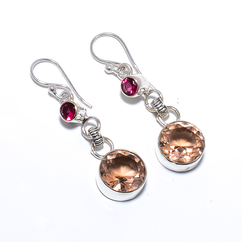 Morganite & Rubellite Pink Tourmaline 925 Silver Earring, Gift for her, Silver Jewelry Earring, Elegant Earring, Peach Gemstone Earring, Drop/Dangle Earring