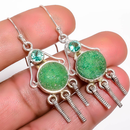 Opalite Green Forest Agate Drusy & Apatite 925 Silver Earring, Gift for her, Silver Jewelry Earring, Elegant Earring, Green Gemstone Earring, Drop/Dangle Earring