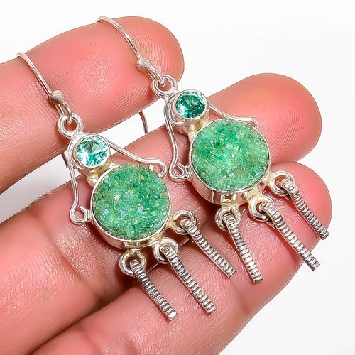 Opalite Green Forest Agate Drusy & Apatite 925 Silver Earring, Gift for her, Silver Jewelry Earring, Elegant Earring, Green Gemstone Earring, Drop/Dangle Earring