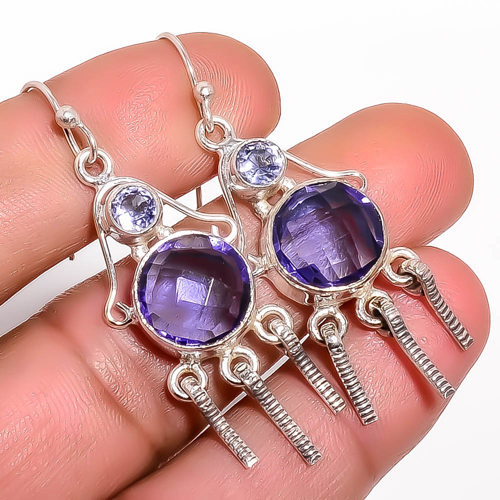 Iolite Handmade 925 Sterling Silver Jewelry Earring 2.15" M1455