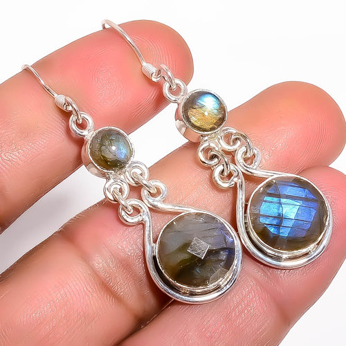 Labradorite - Canada Handmade 925 Sterling Silver Jewelry Earring, Drop Dangle Earring, Gift For Her, Round Earring, Black Earring, Silver Jewelry Earring