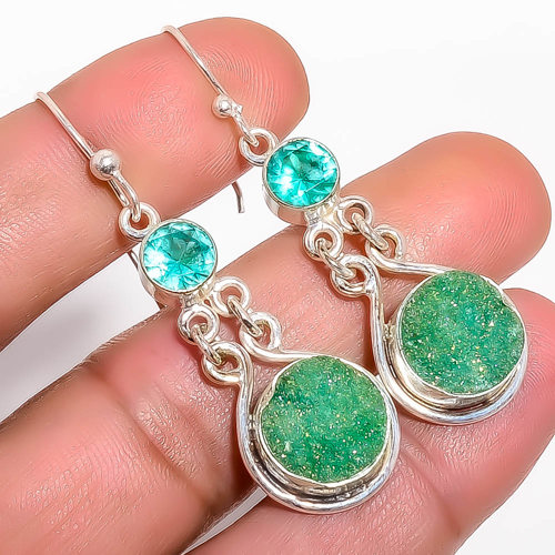 Titanium See Blue Agate Drusy & Neon Blue Apatite 925 Silver Earring, Drop Dangle Earring, Gift For Her, Round Earring, Green Earring, Silver Jewelry Earring