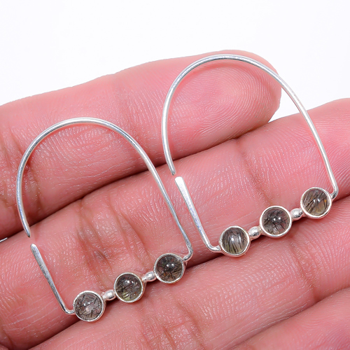 Salt Paper Rutilated Quartz 925 Sterling Silver Earring, Drop Dangle Earring, Gift For Her, Round Earring, Black Earring, Silver Jewelry Earring