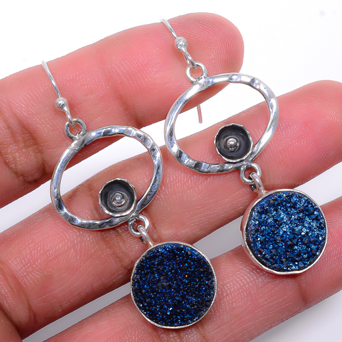 Titanium Agate Drusy 925 Sterling Silver Jewelry Earring, Drop Dangle Earring, Gift For Her, Round Earring, Blue Earring, Silver Jewelry Earring