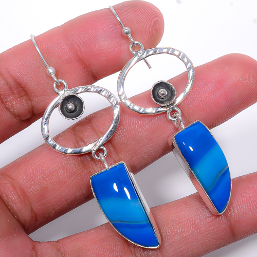 Ocean Blue Botswana Agate 925 Sterling Silver Jewelry Earring, Drop Dangle Earring, Gift For Her, Trillion Earring, Blue Earring, Silver Jewelry Earring