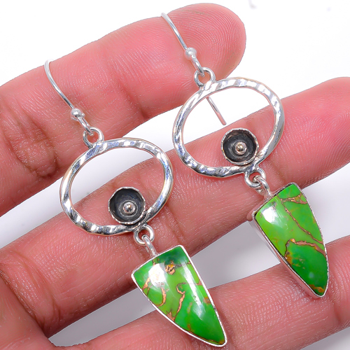 Copper Green Turquoise 925 Sterling Silver Jewelry Earring, Drop Dangle Earring, Gift For Her, Trillion Earring, Green Earring, Silver Jewelry Earring