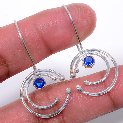 Blue Sapphire Handmade 925 Sterling Silver Jewelry Earring, Drop Dangle Earring, Gift For Her, Round Earring, Blue Earring, Silver Jewelry Earring