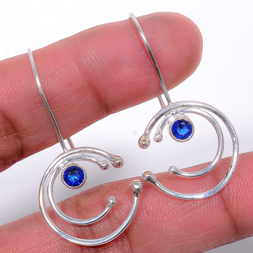 Blue Sapphire Handmade 925 Sterling Silver Jewelry Earring, Drop Dangle Earring, Gift For Her, Round Earring, Blue Earring, Silver Jewelry Earring