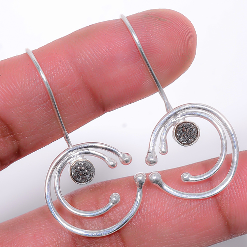 Titanium Silver Agate Drusy 925 Sterling Silver Earring 1.56" T2713