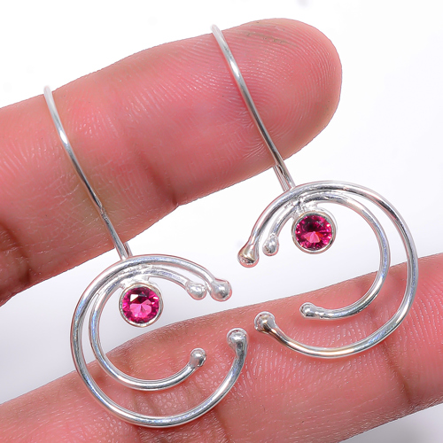 Rubellite Pink Tourmaline 925 Sterling Silver Jewelry Earring, Drop Dangle Earring, Gift For Her, Round Earring, Pink Earring, Silver Jewelry Earring
