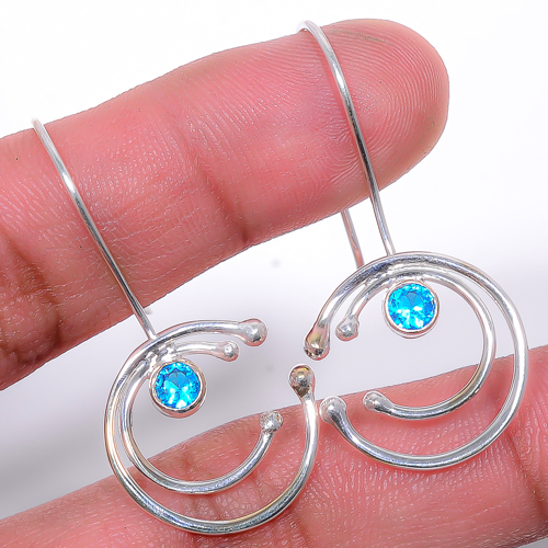 Blue Topaz Handmade 925 Sterling Silver Jewelry Earring, Drop Dangle Earring, Gift For Her, Round Earring, Blue Earring, Silver Jewelry Earring