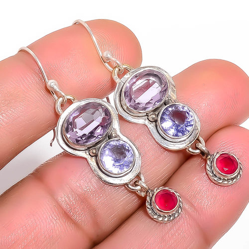 Amethyst & Ruby Simulated 925 Sterling Silver Jewelry Earring, Drop Dangle Earring, Gift For Her, Oval Earring, Purple Earring, Silver Jewelry Earring