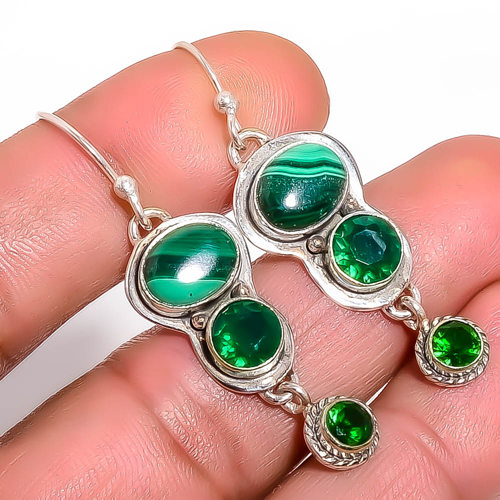 Malachite - Congo, Emerald 925 Sterling Silver Jewelry Earring, Drop Dangle Earring, Gift For Her, Oval Earring, Green Earring, Silver Jewelry Earring