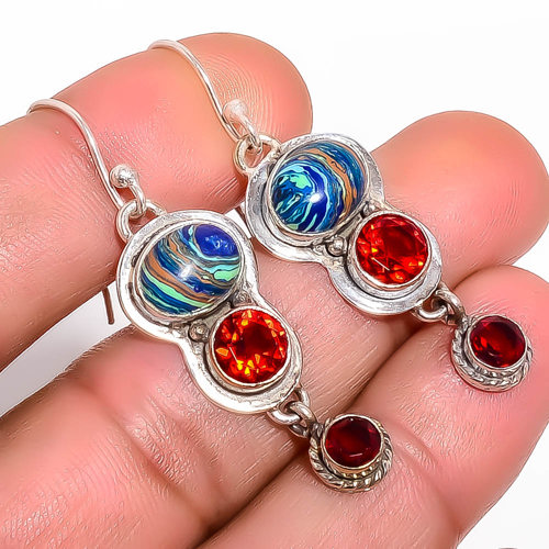 Rainbow Calsilica & Garnet 925 Silver Earring, Drop Dangle Earring, Gift For Her, Oval Earring, Blue Earring, Silver Jewelry Earring
