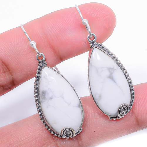Howlite - Usa 925 Sterling Silver Earring, Drop Dangle Earring, Gift For Her, Pear Earring, White Earring, Silver Jewelry Earring