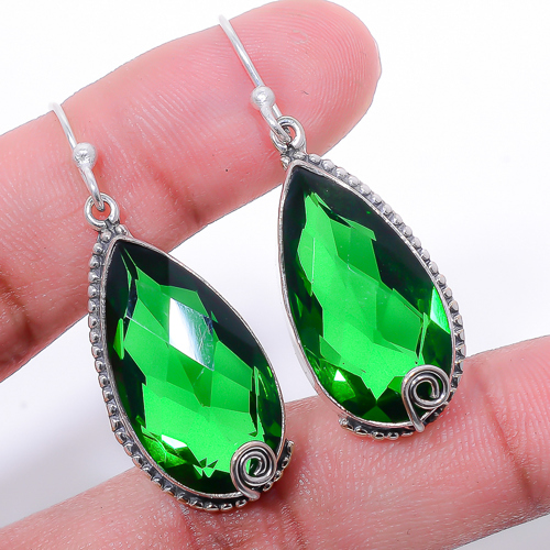 Emerald Quartz (Simulated) 925 Sterling Silver Bali Earring 1.87" T77
