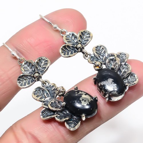 Magnetite Pyrite 925 Sterling Silver Earring, Drop Dangle Earring, Gift For Her, Oval Earring, Black Earring, Silver Jewelry Earring