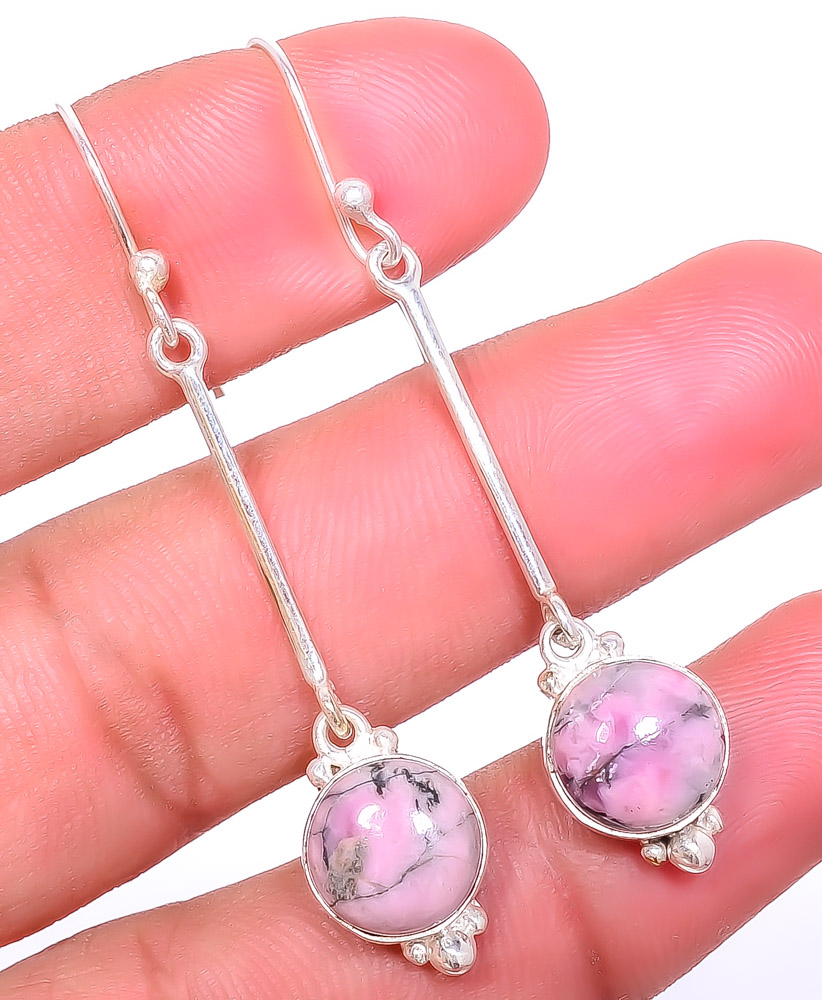 Black Manganese In Rhodonite 925 Sterling Silver Earring, Drop Dangle Earring, Gift For Her, Round Earring, Pink Earring, Silver Jewelry Earring