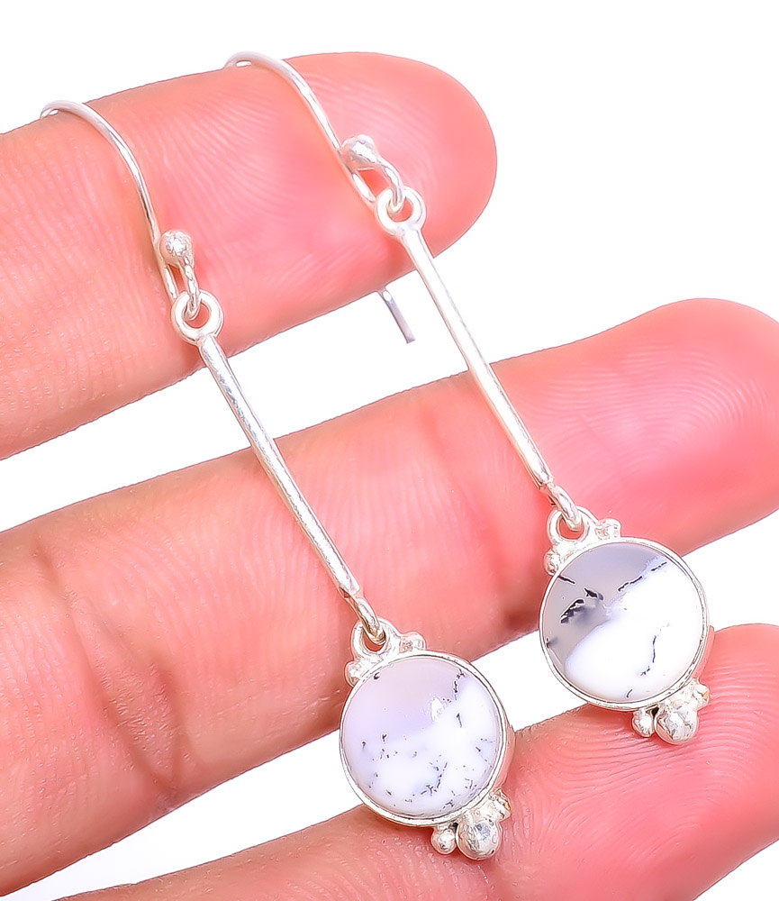 Dendritic Opal - Brazil 925 Sterling Silver Earring, Drop Dangle Earring, Gift For Her, Round Earring, White Earring, Silver Jewelry Earring