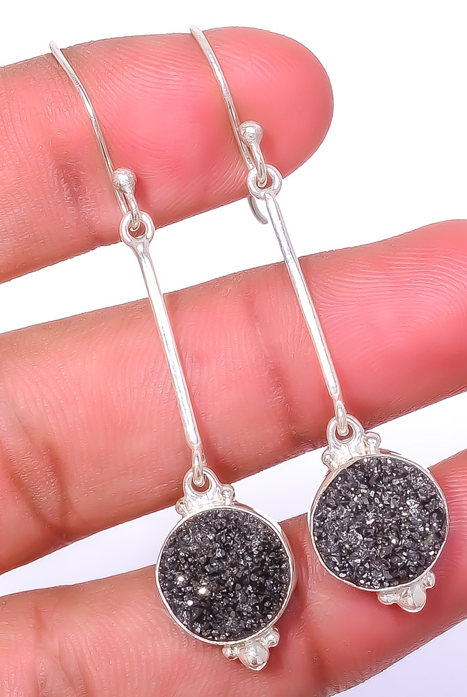 Black Titanium Agate Drusy 925 Sterling Silver Israeli Earring 2.34" E6096-70
