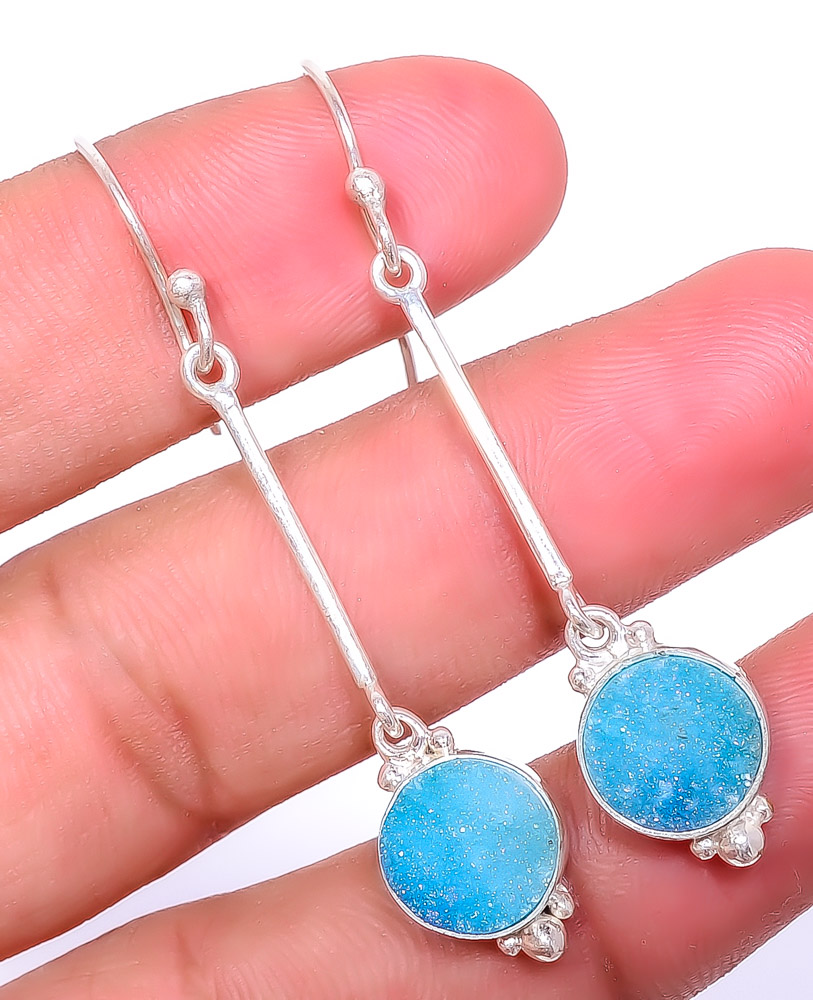 Titanium Blue Agate Drusy 925 Sterling Silver Earring, Drop Dangle Earring, Gift For Her, Round Earring, Blue Earring, Silver Jewelry Earring