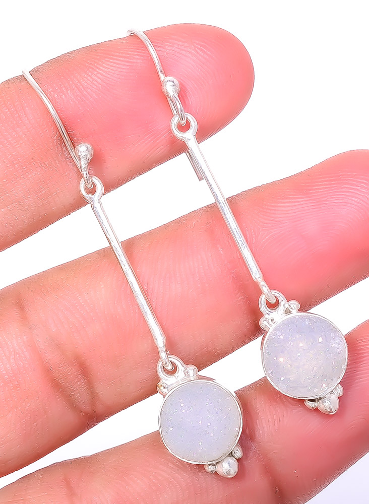 Opalite Agate Drusy 925 Sterling Silver Earring, Drop Dangle Earring, Gift For Her, Round Earring, White Earring, Silver Jewelry Earring