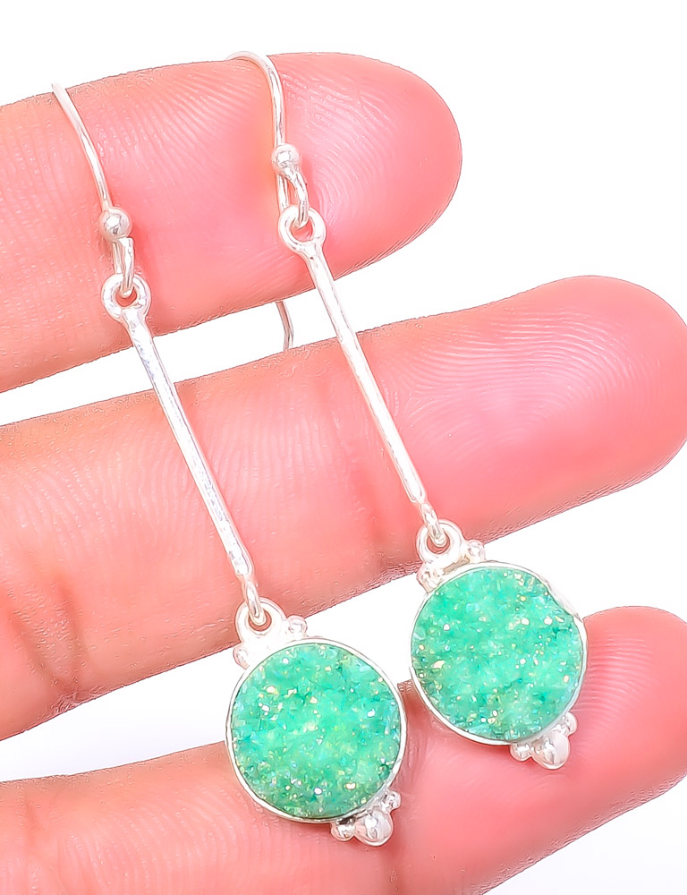 Titanium Green Agate Drusy 925 Sterling Silver Israeli Earring 2.34" E6096-78