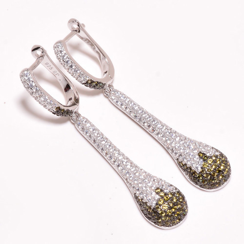 Green Tourmaline & White Topaz 925 Sterling Silver Earring 2.15" T2