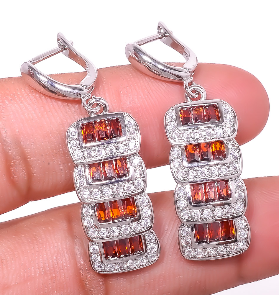 Garnet & White Topaz 925 Sterling Silver Earring 1.64" E6217-138
