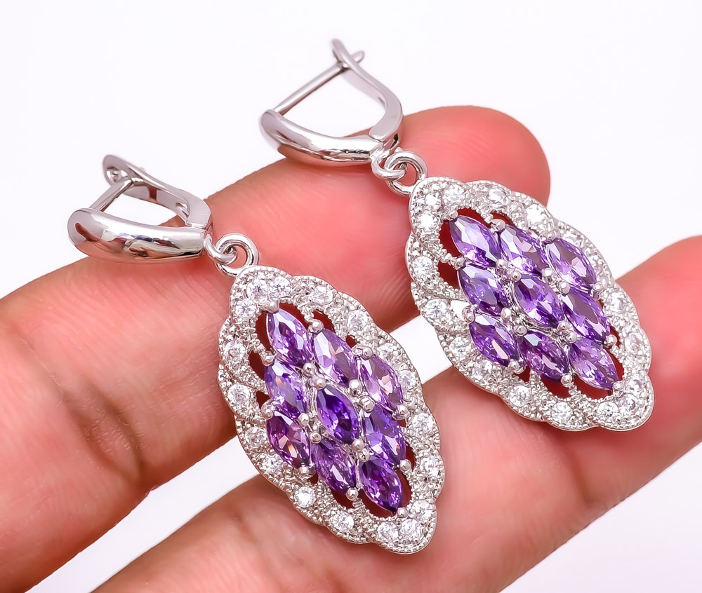Amethyst & White Topaz 925 Sterling Silver Earring 1.72" E6217-146