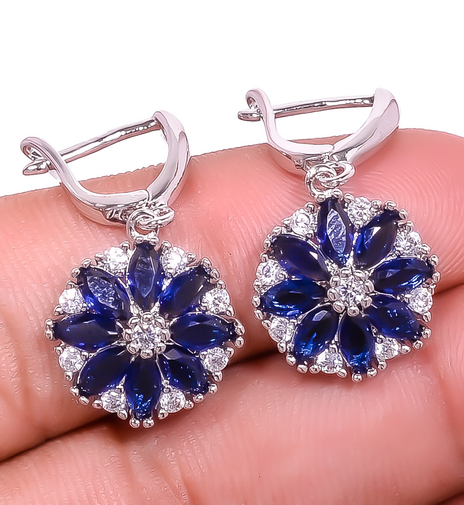 Blue Sapphire (Simulated) 925 Sterling Silver Earring 1.17" E7-169