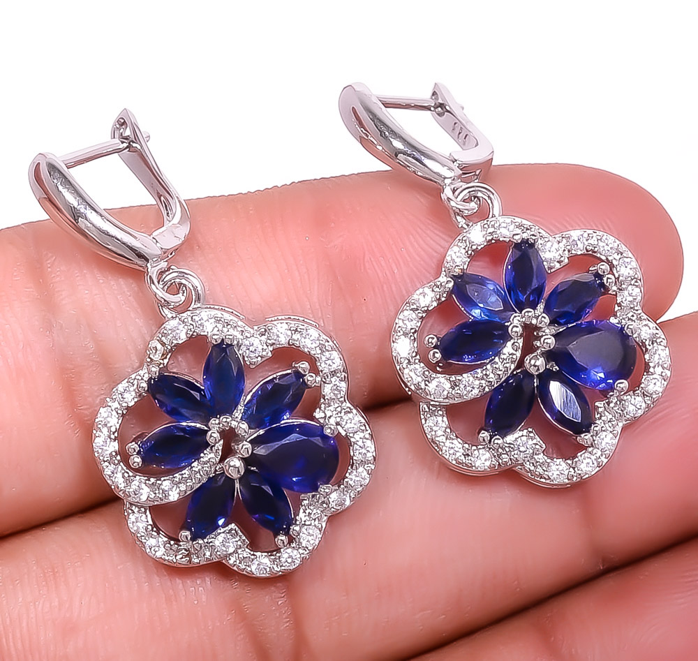 Blue Sapphire (Simulated) 925 Sterling Silver Earring 1.44" E17-20