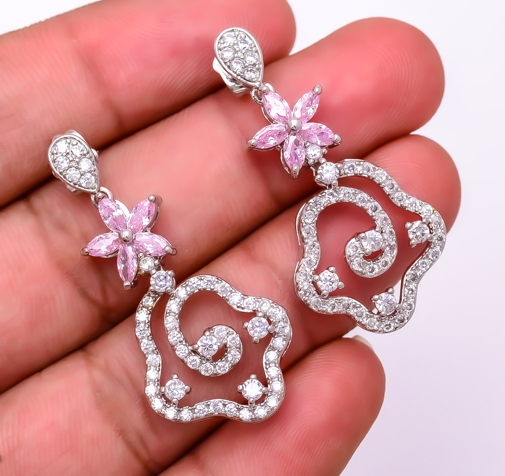 Pink Sapphire (Simulated) 925 Sterling Silver Earring 1.64" E7-218