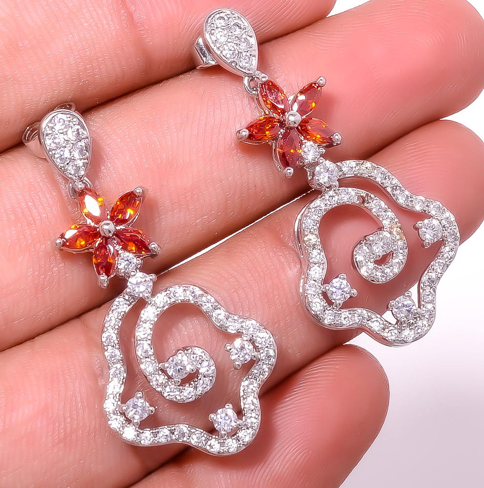 Garnet & White Topaz 925 Sterling Silver Earring 1.64" E6217-234