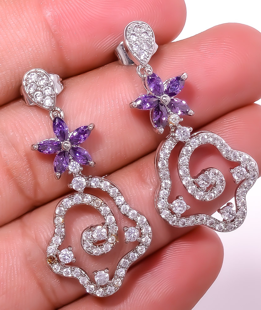 Amethyst & White Topaz 925 Sterling Silver Earring 1.64" E6217-236