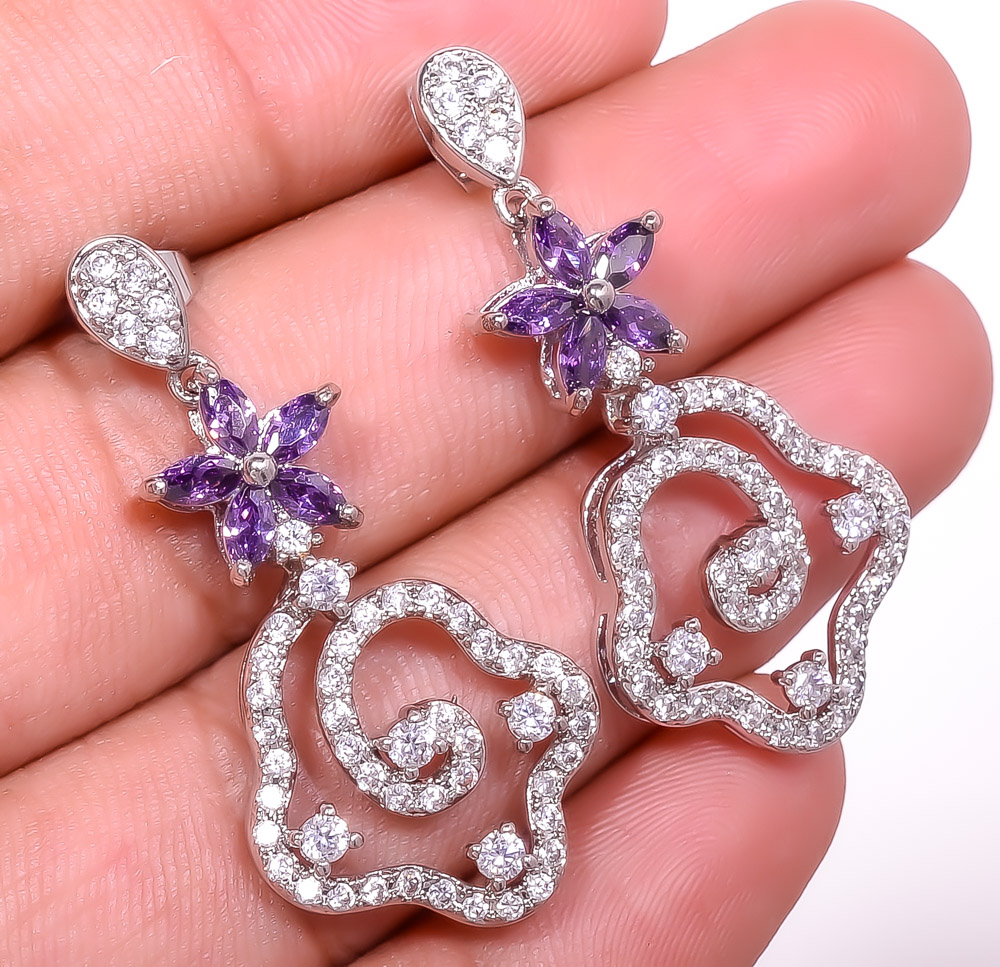 Amethyst & White Topaz 925 Sterling Silver Earring 1.64" E6217-237