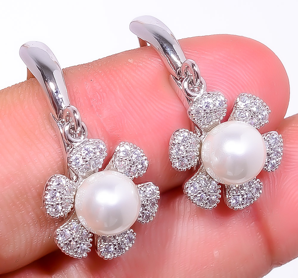 Pearl White Gold Plated 925 Sterling Silver Earring 1.17" E617-240