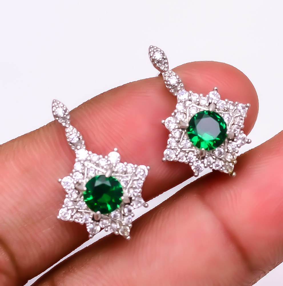 Emerald & White Topaz (Simulated) 925 Sterling Silver Earring 0.98" E6217-308