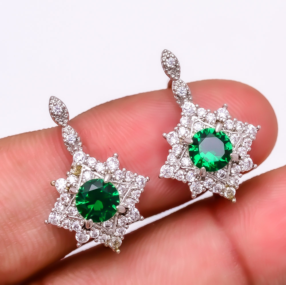 Emerald & White Topaz (Simulated) 925 Sterling Silver Earring 0.98" E6217-310