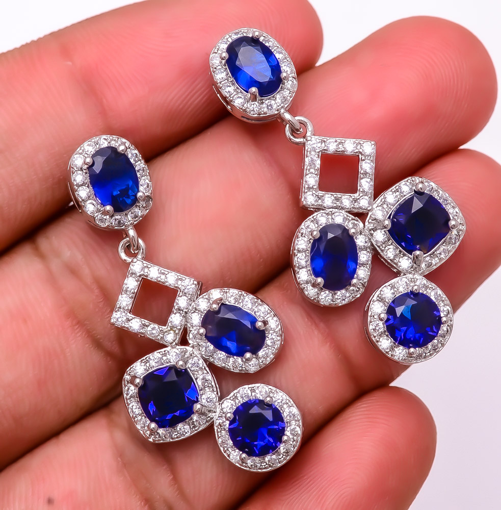 Blue Sapphire & Topaz (Simulated) 925 Sterling Silver Earring 1.56" E6217-318