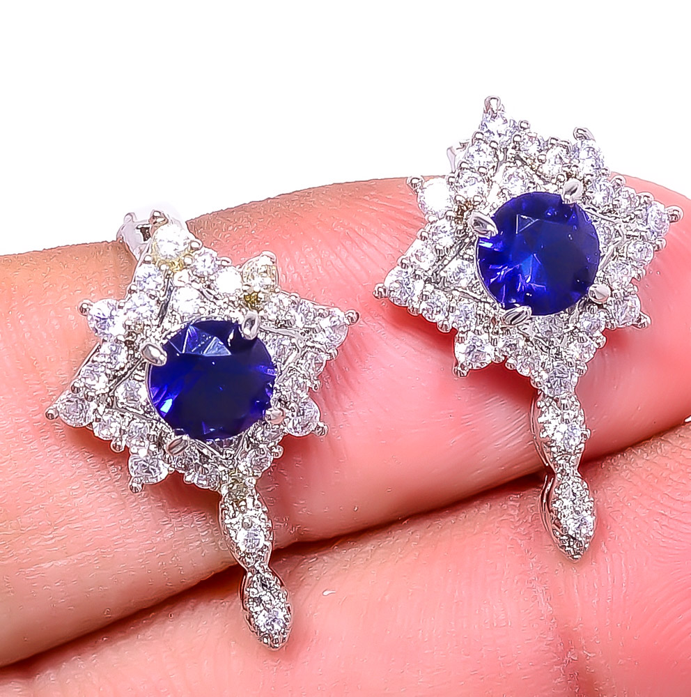 Blue Sapphire (Simulated) 925 Sterling Silver Earring 0.98" E7-331