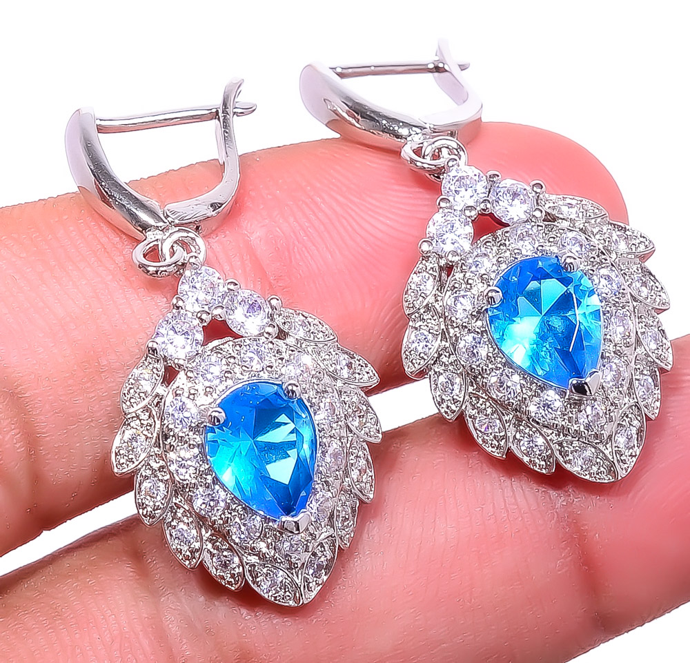 Blue Topaz White Gold Plated 925 Silver Earring 1.56" E6217-348