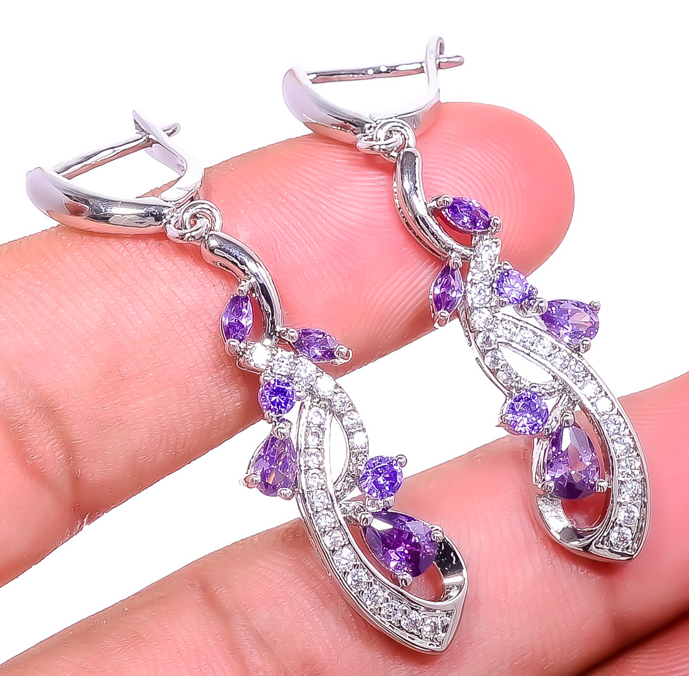 Amethyst & White Topaz 925 Sterling Silver Earring 1.87" E6217-413