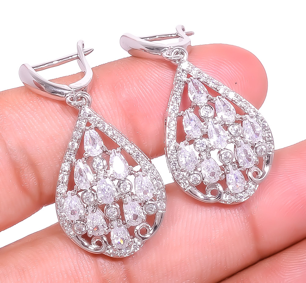 White Topaz White Gold Plated 925 Sterling Silver Earring 1.56" E-45