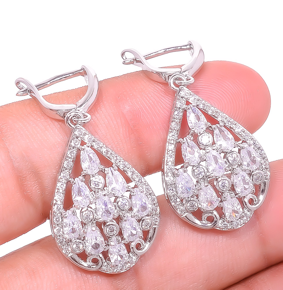 White Topaz White Gold Plated 925 Sterling Silver Earring 1.56" E-46