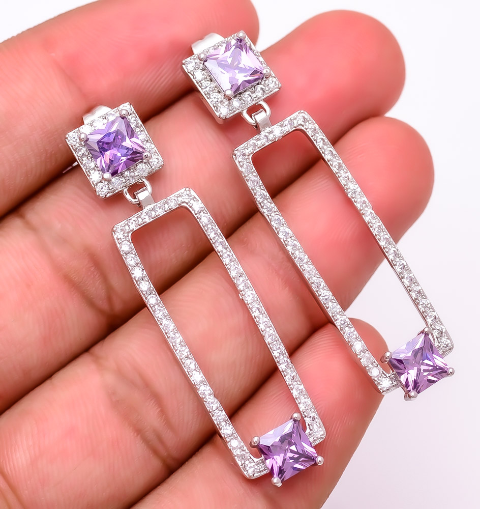 Amethyst & White Topaz 925 Sterling Silver Earring 1.95" E6217-74