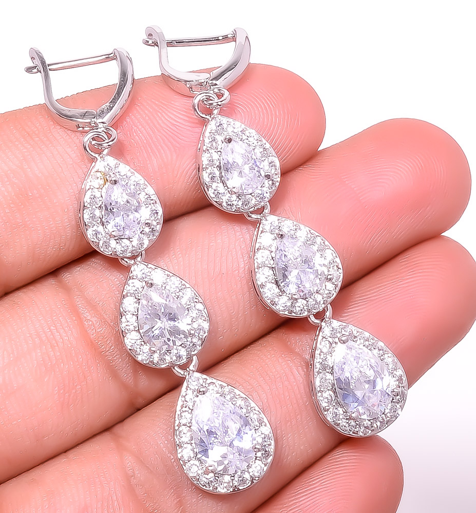 Three Stone White Topaz 925 Sterling Silver Earring 2.34" E6217-91