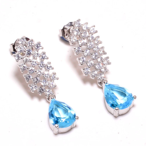 Blue Topaz & White Topaz 925 Sterling Silver Earring 1.01" T8647